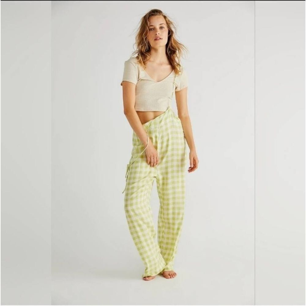 Free People Missed Holiday Green and White Checkered Gingham Jumpsuit Size Mediu